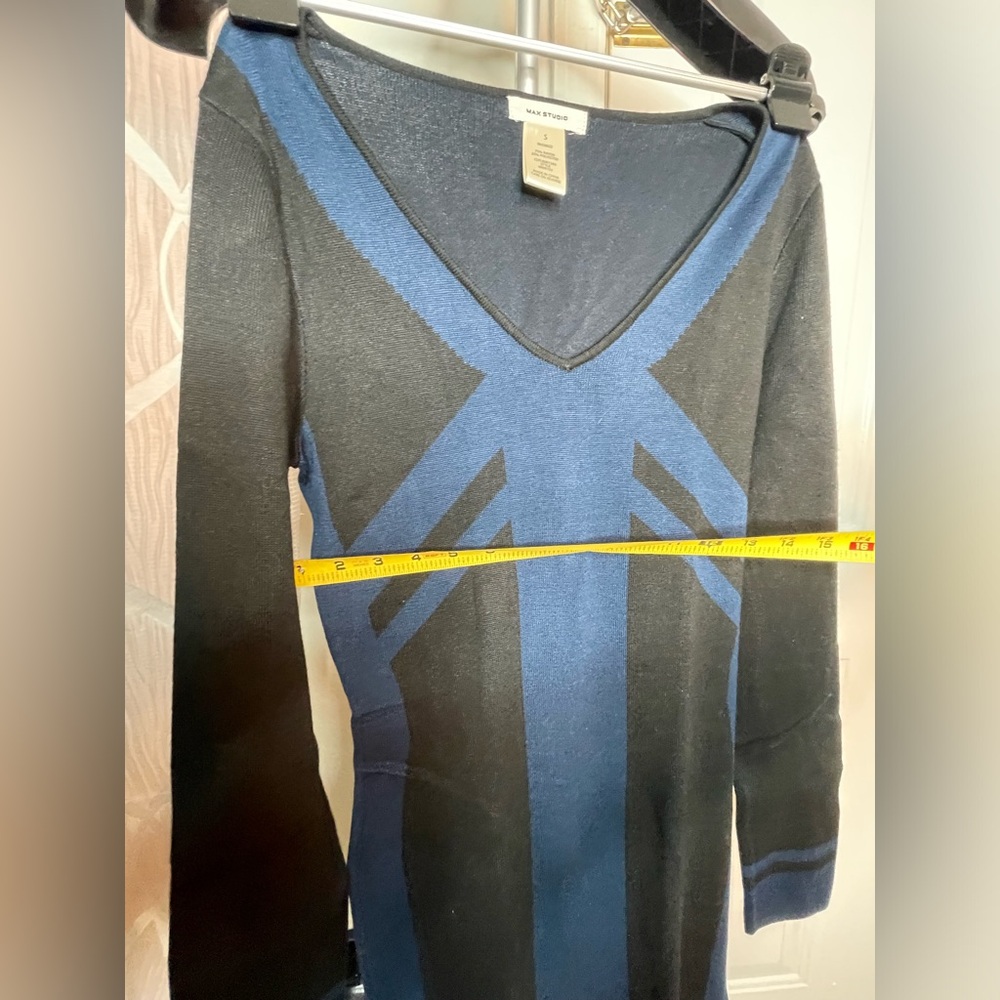 Max Studio Womens Small Long Rayon Dress Blue Black Striped Fitted Tight